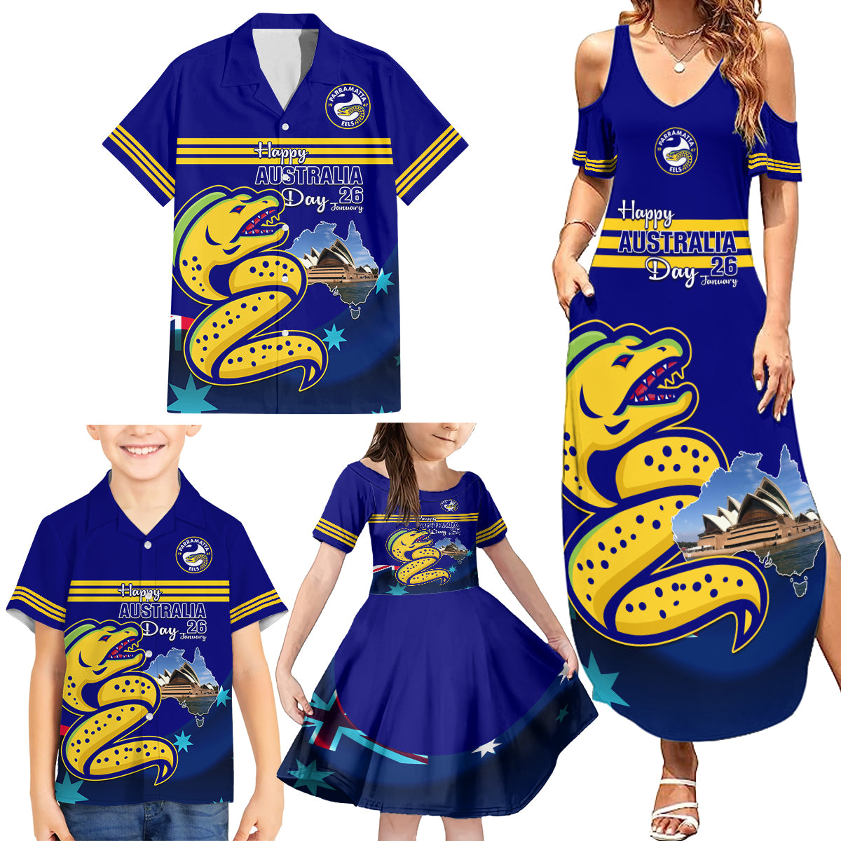 Custom Australia Day Eels Family Matching Summer Maxi Dress and Hawaiian Shirt NRL 2024 Sydney Opera House With Map