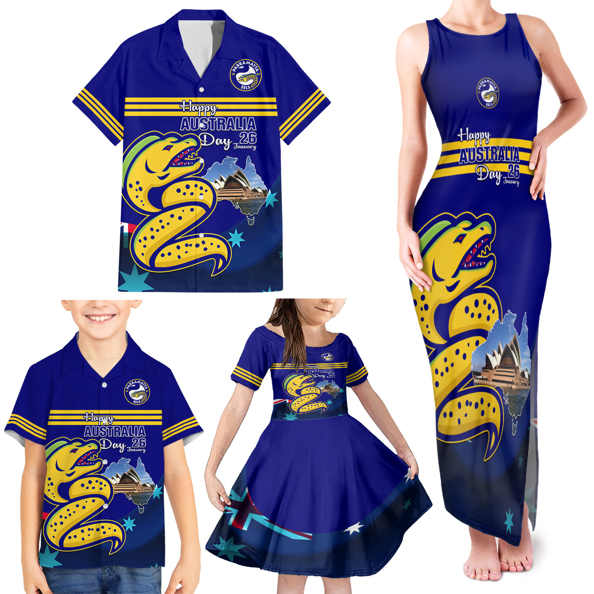 Custom Australia Day Eels Family Matching Tank Maxi Dress and Hawaiian Shirt NRL 2024 Sydney Opera House With Map