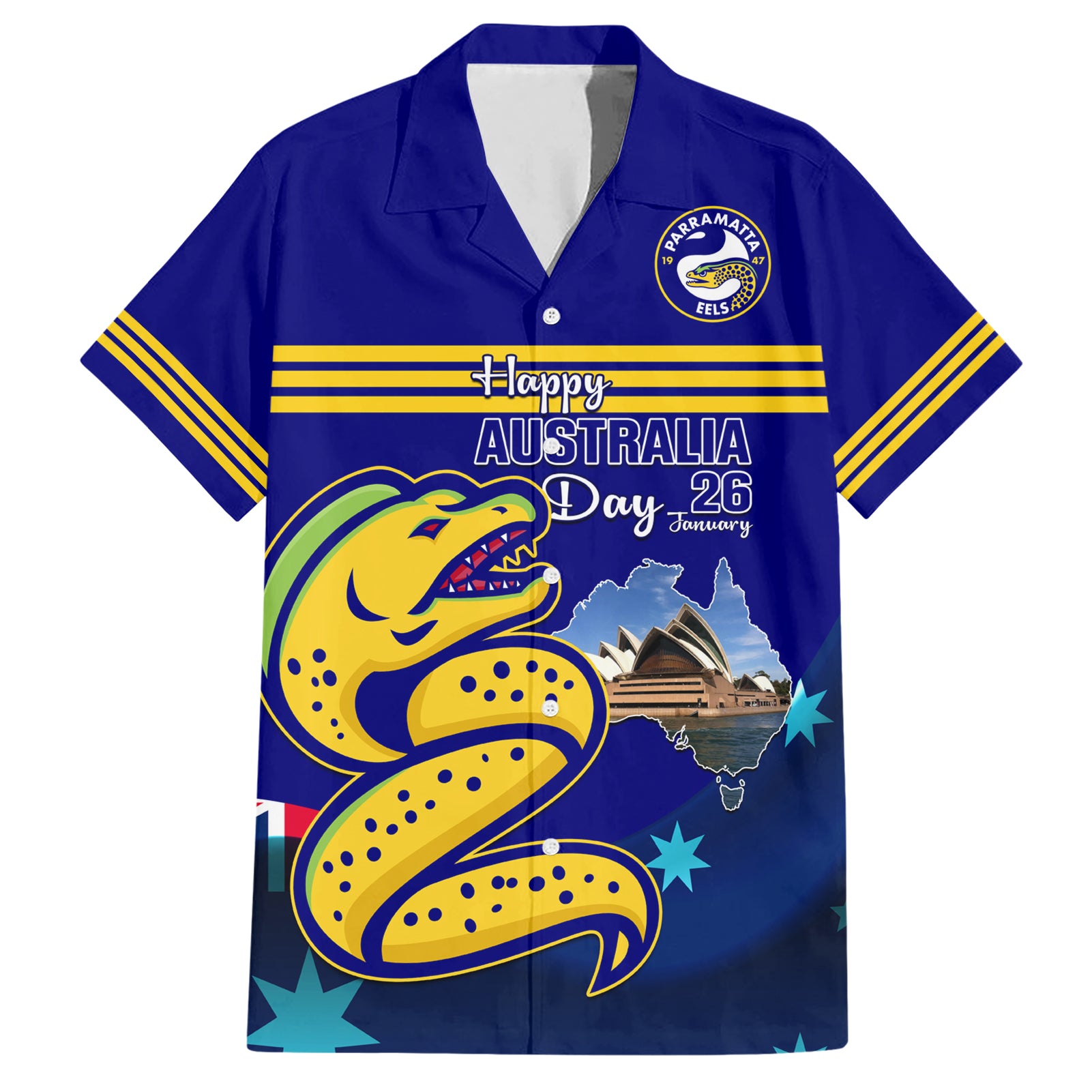 Custom Australia Day Eels Hawaiian Shirt NRL 2024 Sydney Opera House With Map - Vibe Hoodie Shop