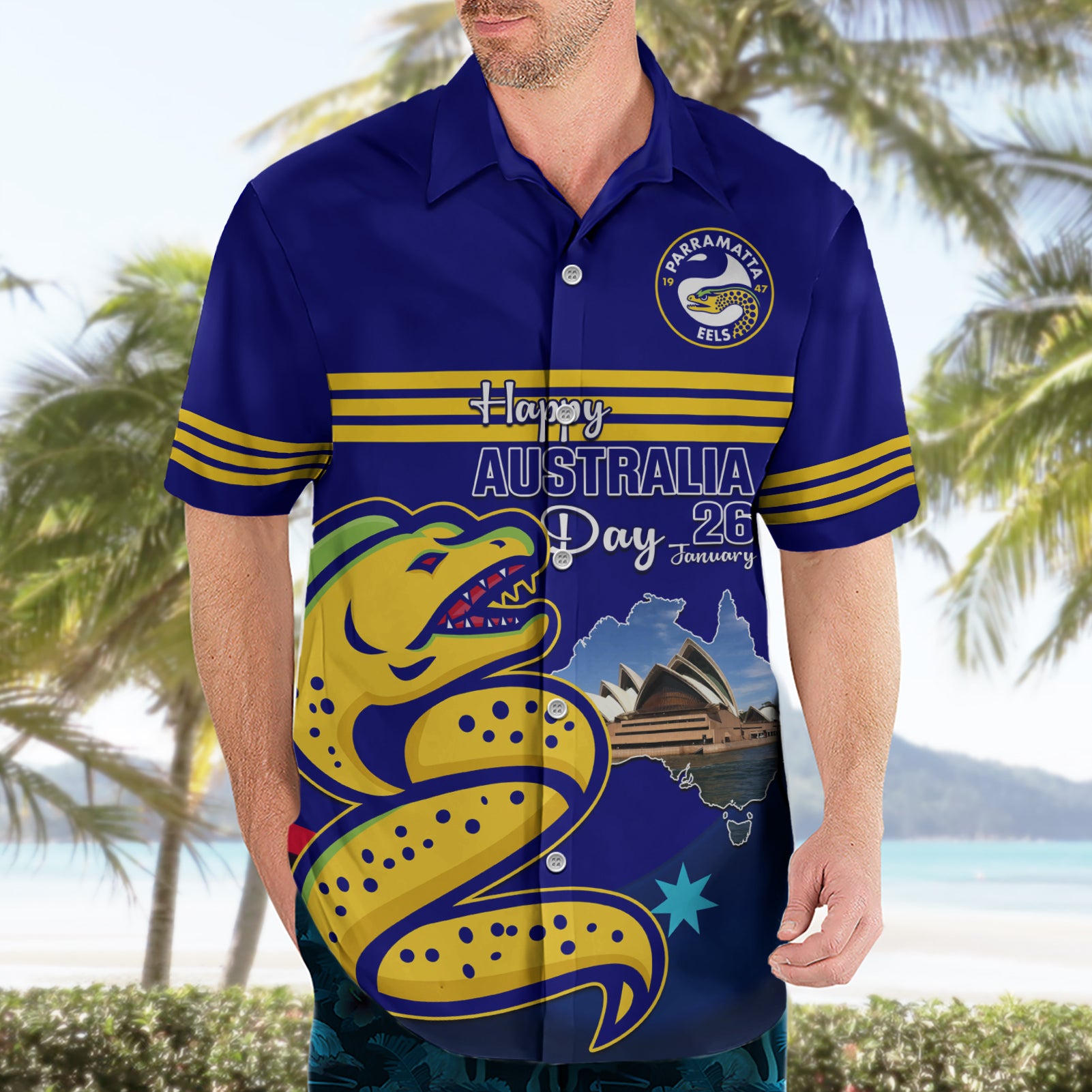 Custom Australia Day Eels Hawaiian Shirt NRL 2024 Sydney Opera House With Map - Vibe Hoodie Shop