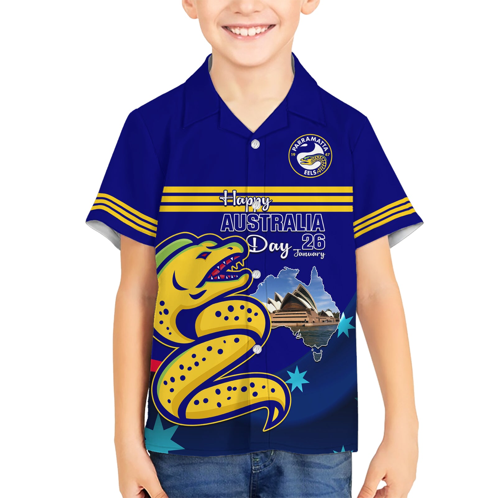 Custom Australia Day Eels Hawaiian Shirt NRL 2024 Sydney Opera House With Map - Vibe Hoodie Shop