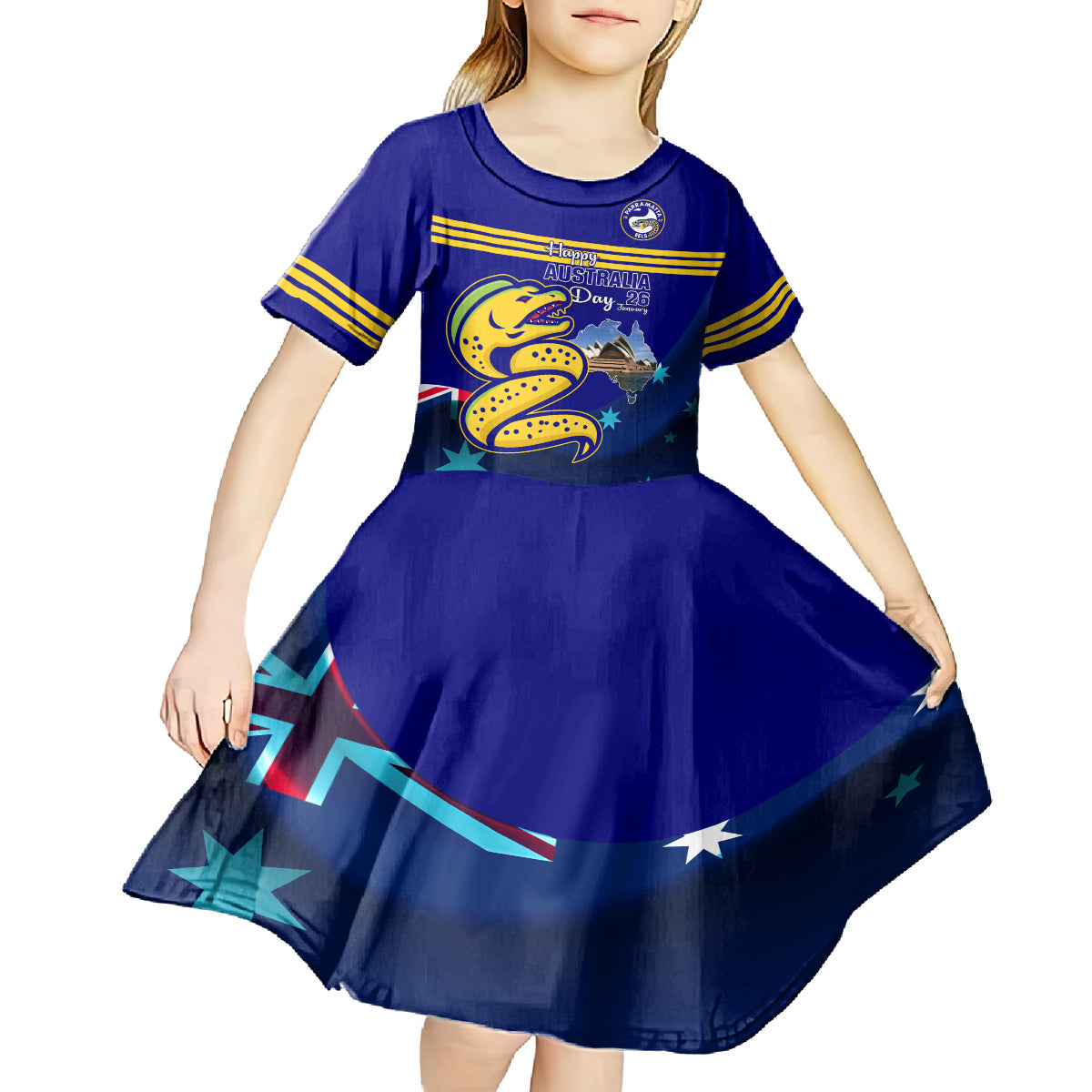 Custom Australia Day Eels Kid Short Sleeve Dress NRL 2024 Sydney Opera House With Map - Vibe Hoodie Shop