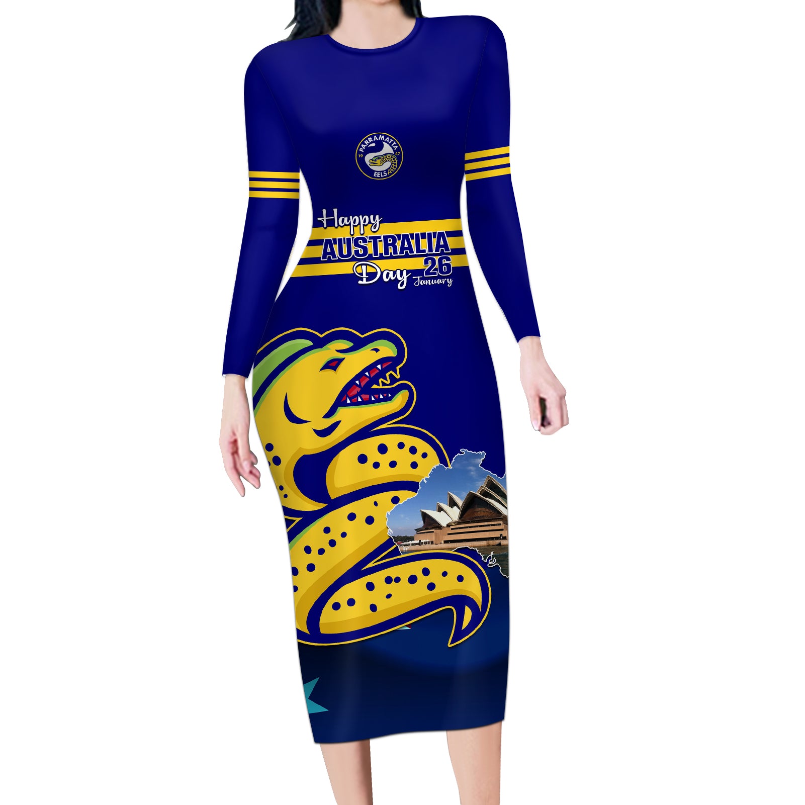 Custom Australia Day Eels Long Sleeve Bodycon Dress NRL 2024 Sydney Opera House With Map