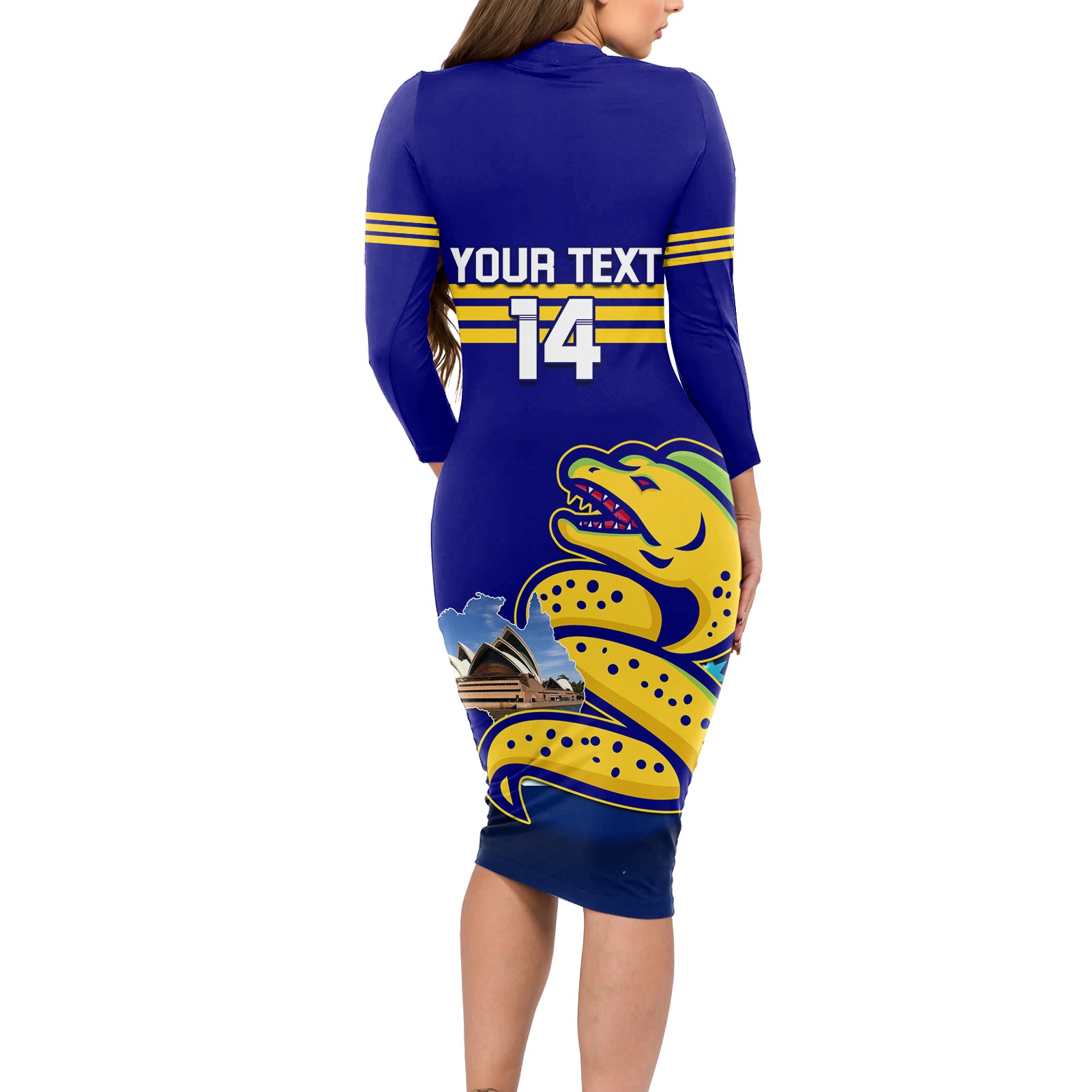 Custom Australia Day Eels Long Sleeve Bodycon Dress NRL 2024 Sydney Opera House With Map