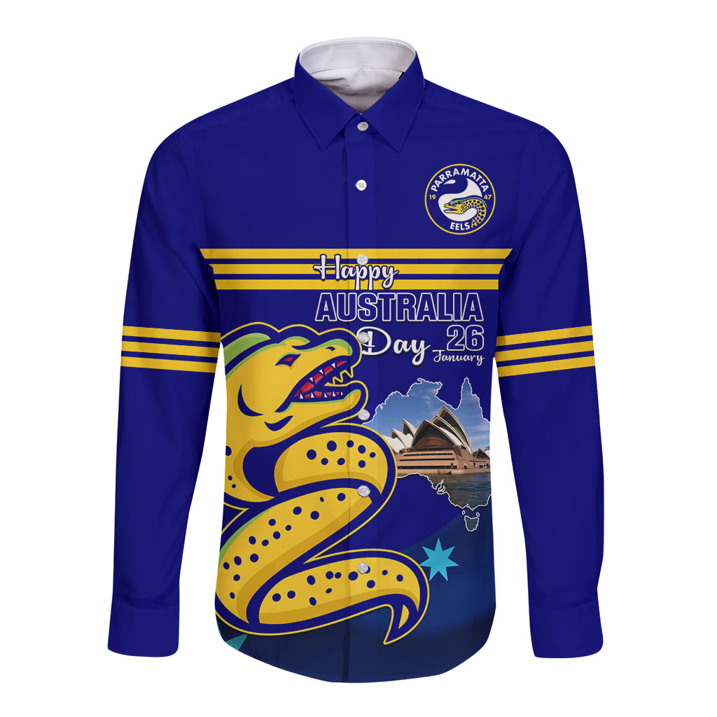 Custom Australia Day Eels Long Sleeve Button Shirt NRL 2024 Sydney Opera House With Map - Vibe Hoodie Shop