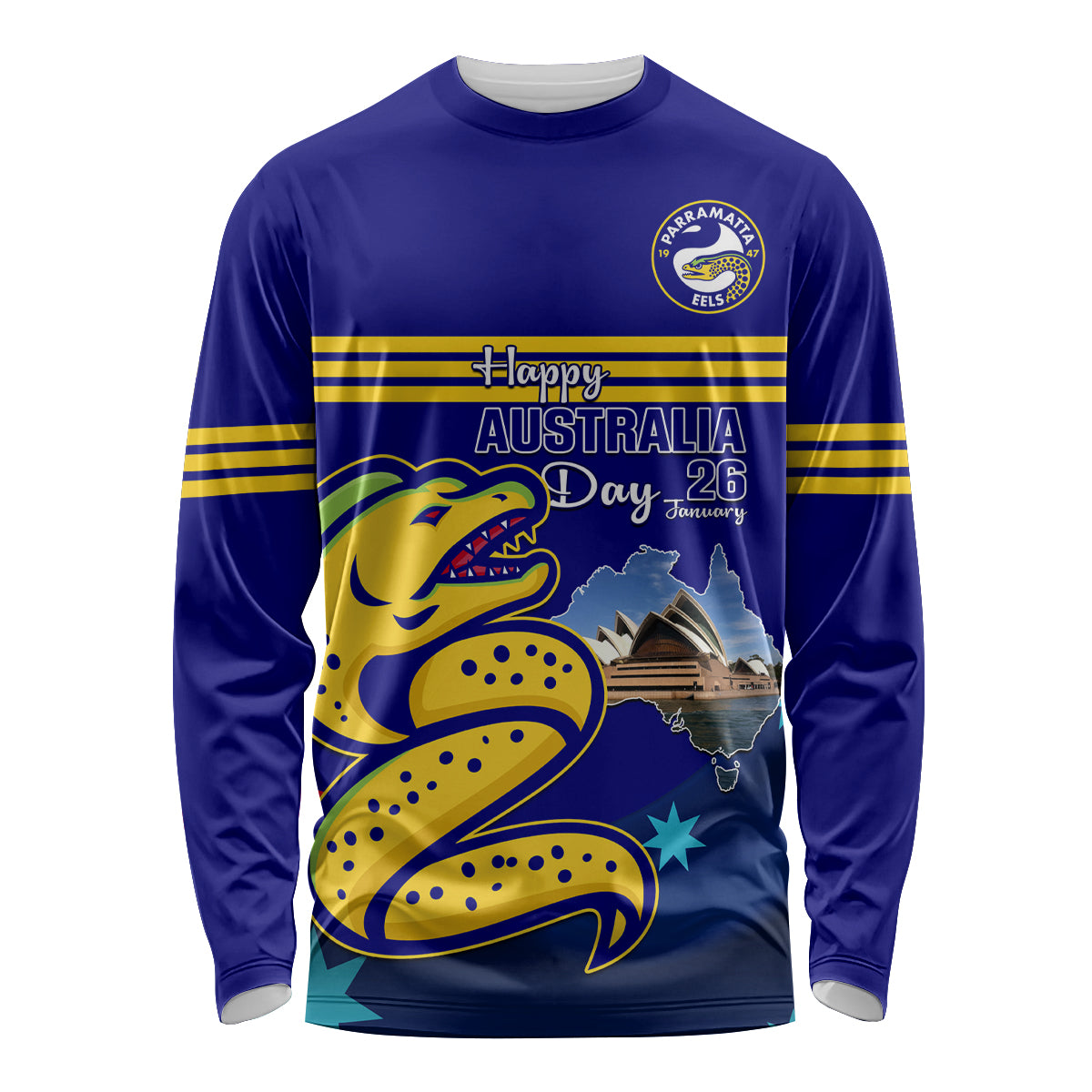 Custom Australia Day Eels Long Sleeve Shirt NRL 2024 Sydney Opera House With Map - Vibe Hoodie Shop