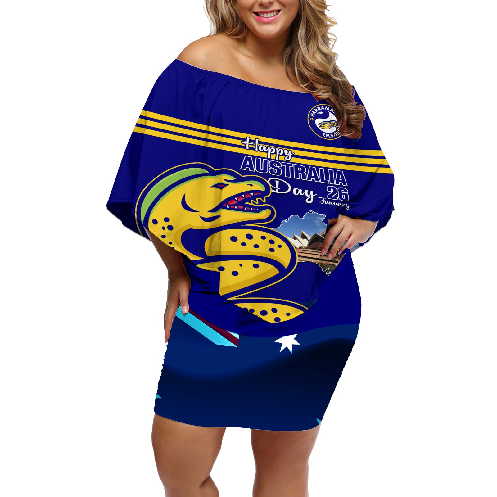 Custom Australia Day Eels Off Shoulder Short Dress NRL 2024 Sydney Opera House With Map