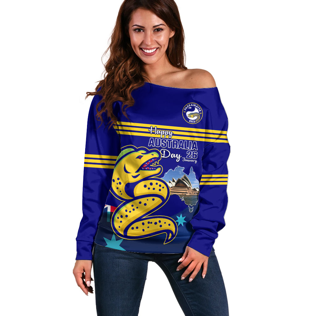 Custom Australia Day Eels Off Shoulder Sweater NRL 2024 Sydney Opera House With Map - Vibe Hoodie Shop