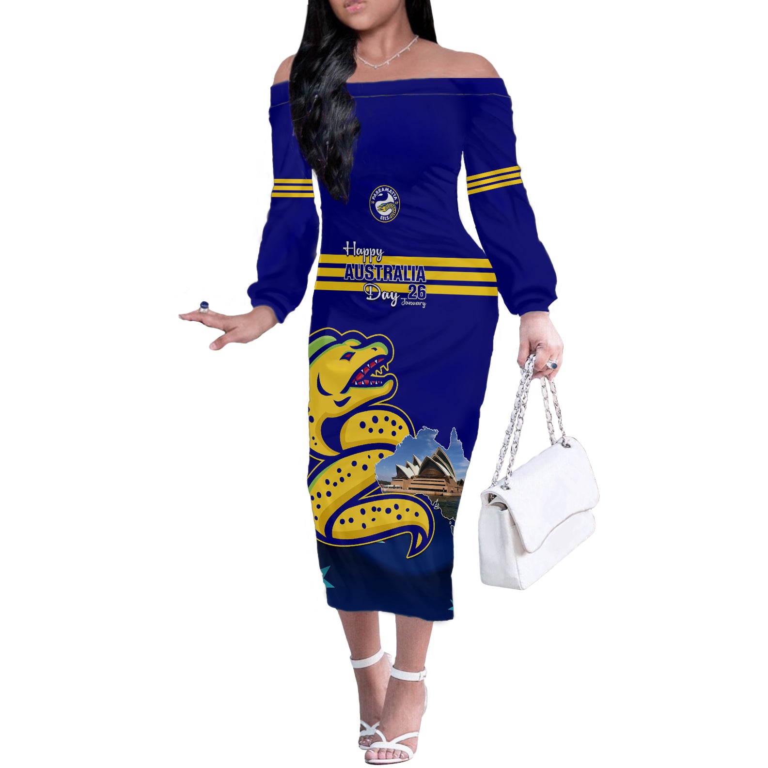 Custom Australia Day Eels Off The Shoulder Long Sleeve Dress NRL 2024 Sydney Opera House With Map