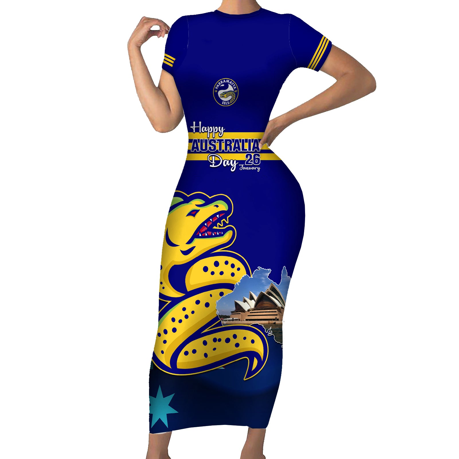 Custom Australia Day Eels Short Sleeve Bodycon Dress NRL 2024 Sydney Opera House With Map