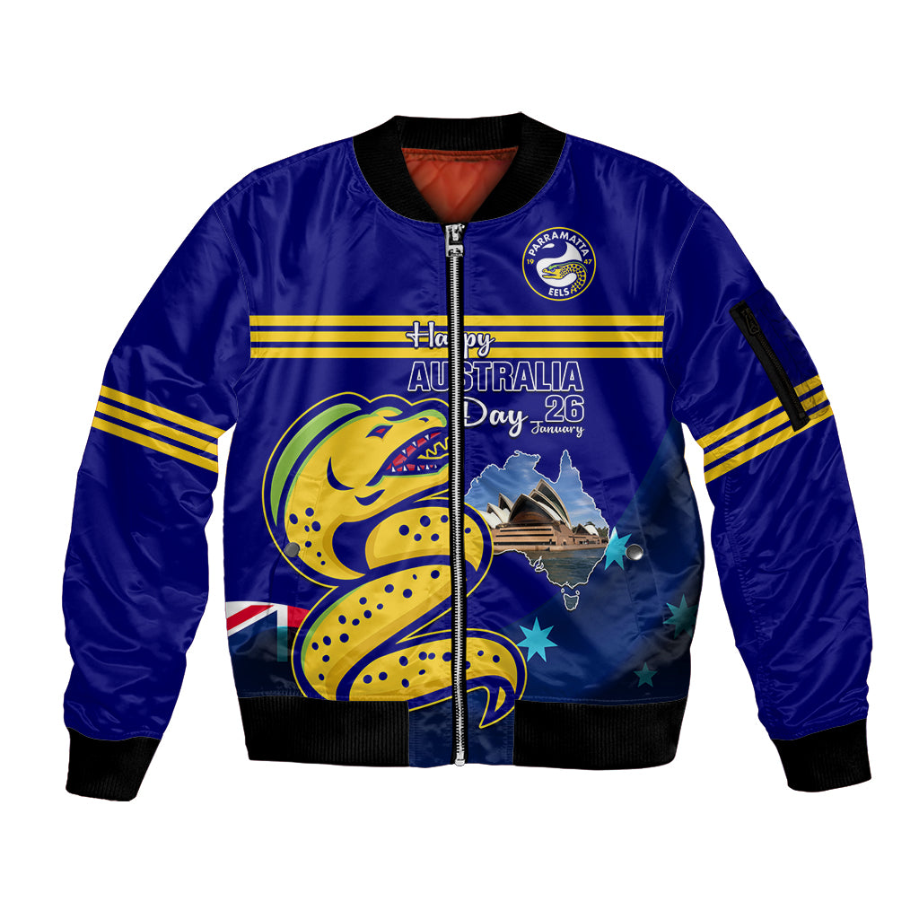 Custom Australia Day Eels Sleeve Zip Bomber Jacket NRL 2024 Sydney Opera House With Map