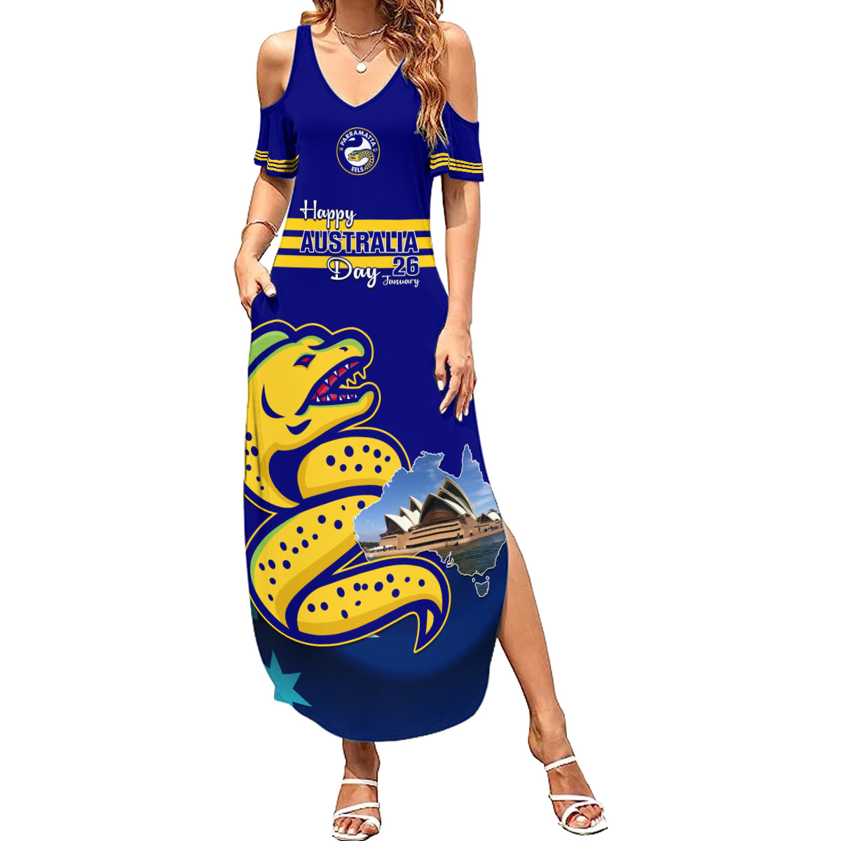 Custom Australia Day Eels Summer Maxi Dress NRL 2024 Sydney Opera House With Map