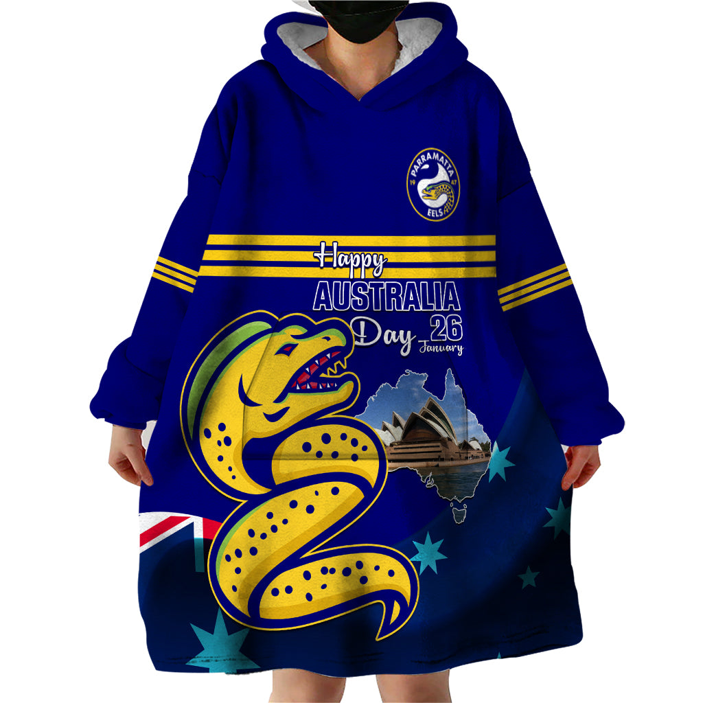 Custom Australia Day Eels Wearable Blanket Hoodie NRL 2024 Sydney Opera House With Map - Vibe Hoodie Shop