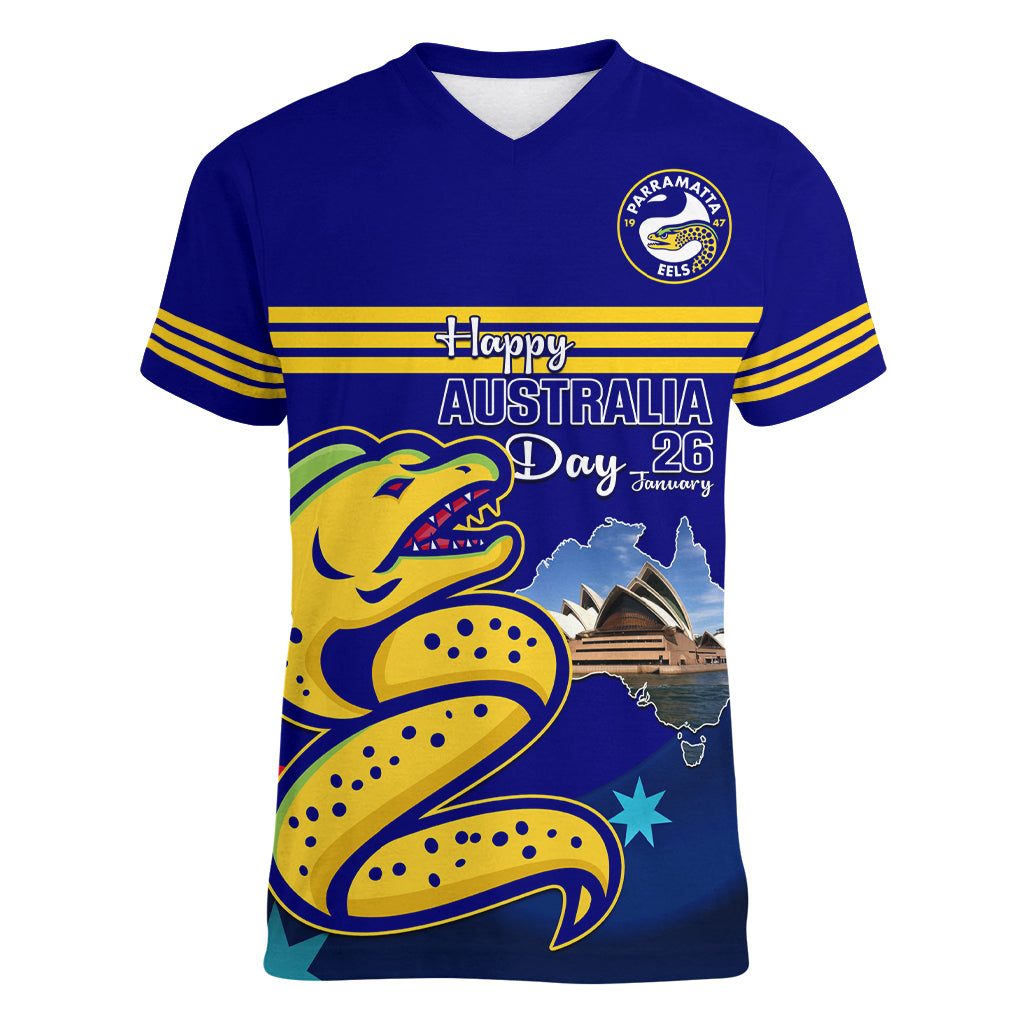 Custom Australia Day Eels Women V Neck T Shirt NRL 2024 Sydney Opera House With Map - Vibe Hoodie Shop