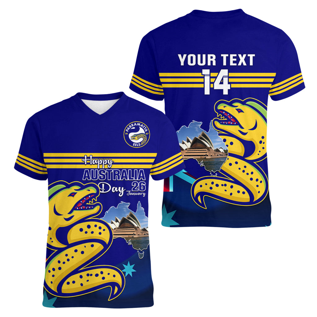 Custom Australia Day Eels Women V Neck T Shirt NRL 2024 Sydney Opera House With Map - Vibe Hoodie Shop