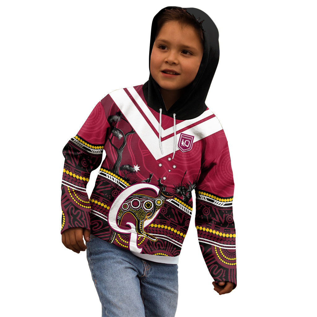 Personalised QLD Maroons Rugby Kid Hoodie Go Queensland Kangaroo Indigenous - Vibe Hoodie Shop