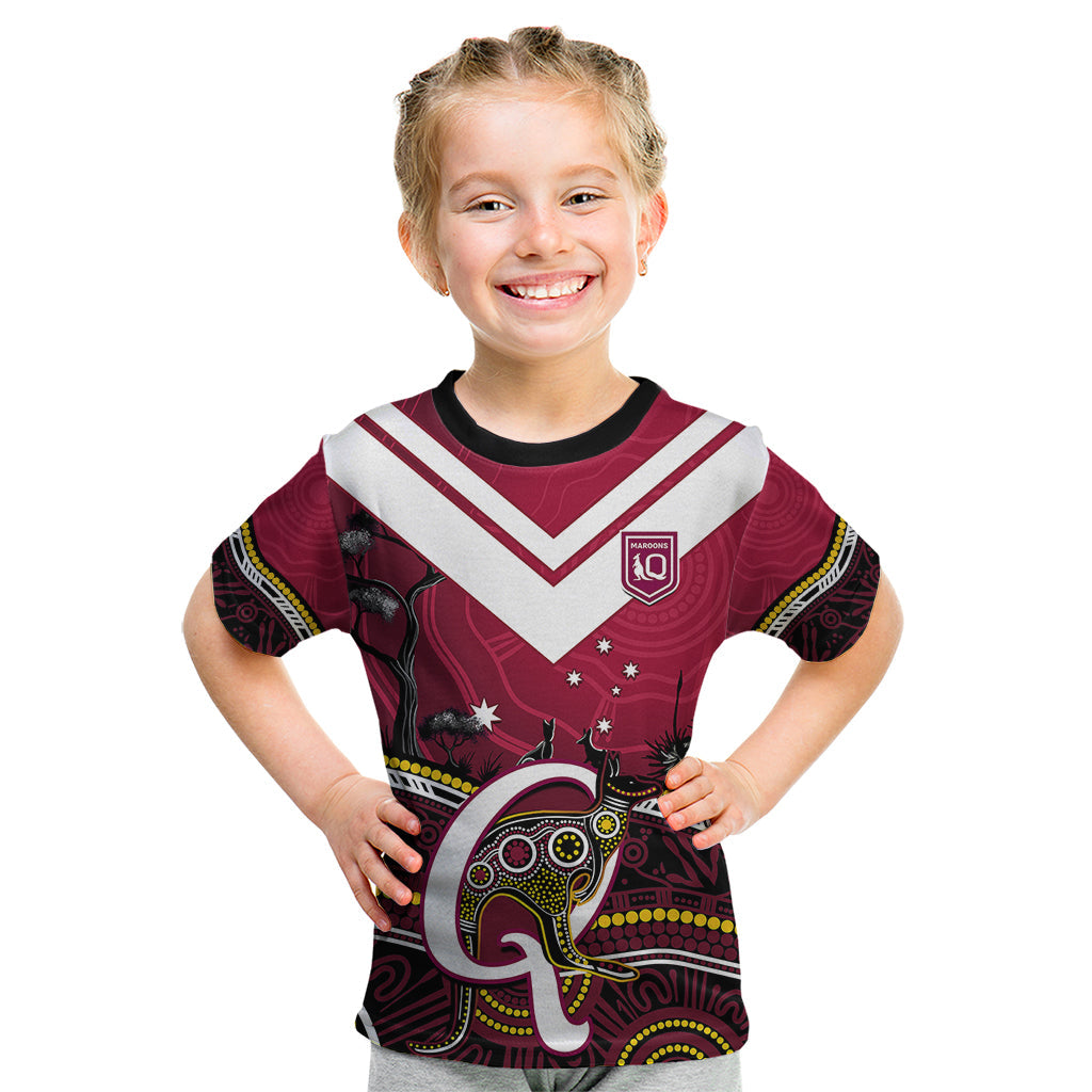 Personalised QLD Maroons Rugby Kid T Shirt Go Queensland Kangaroo Indigenous - Vibe Hoodie Shop