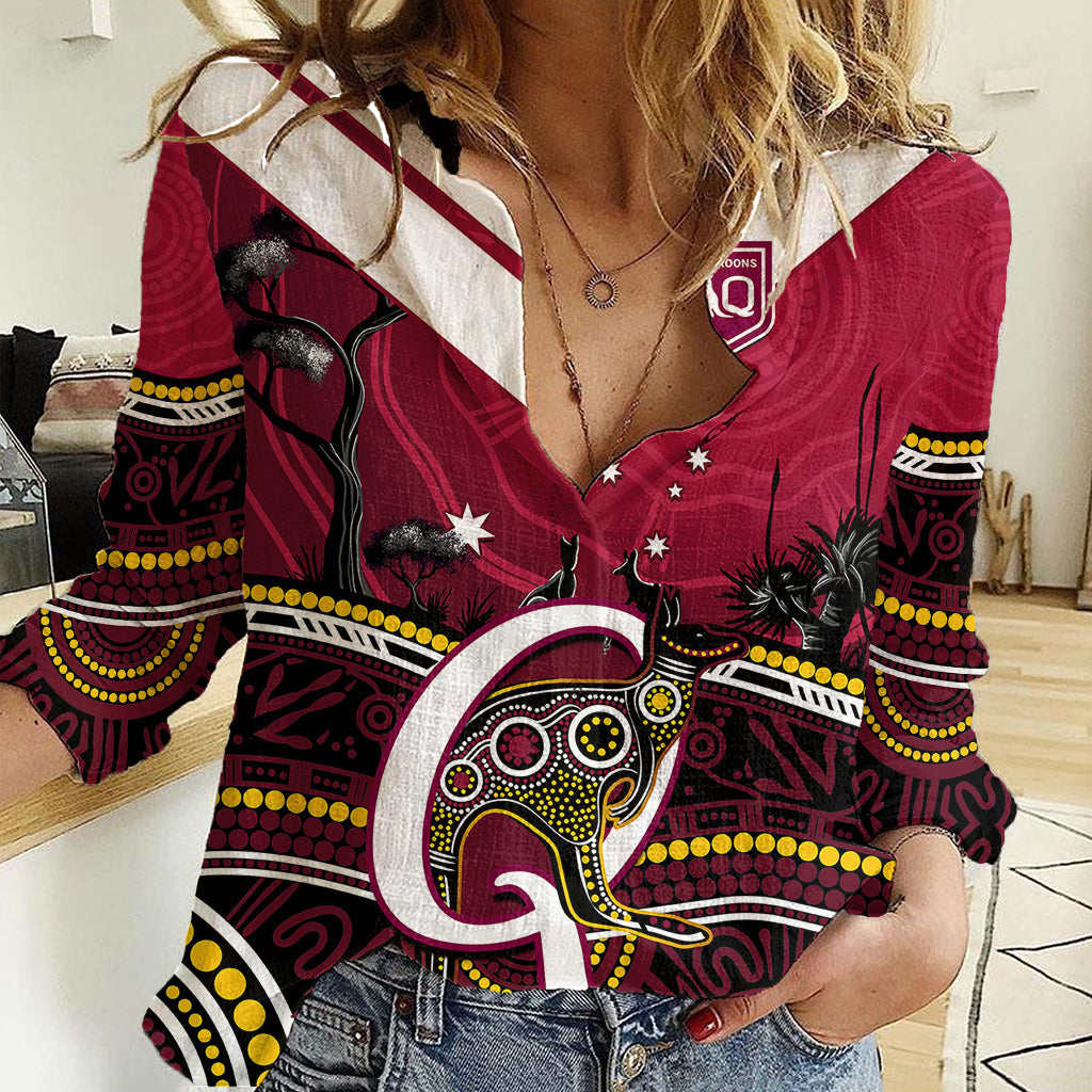 Personalised QLD Maroons Rugby Women Casual Shirt Go Queensland Kangaroo Indigenous - Vibe Hoodie Shop