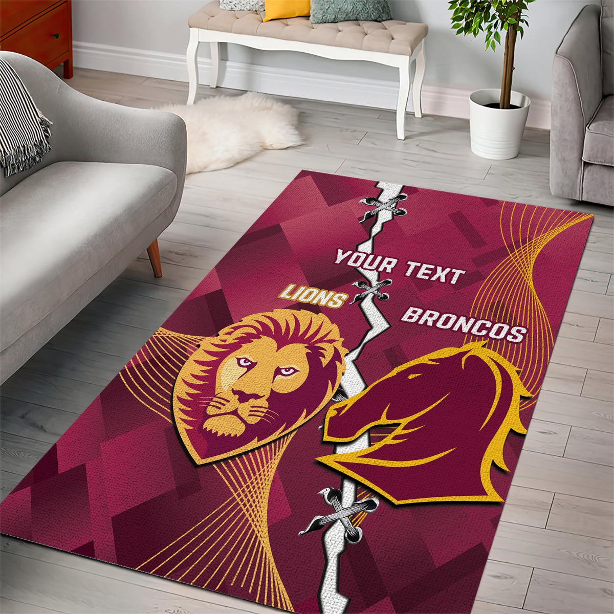 Personalised Lions Football And Broncos Rugby Area Rug Sporty Version - Vibe Hoodie Shop