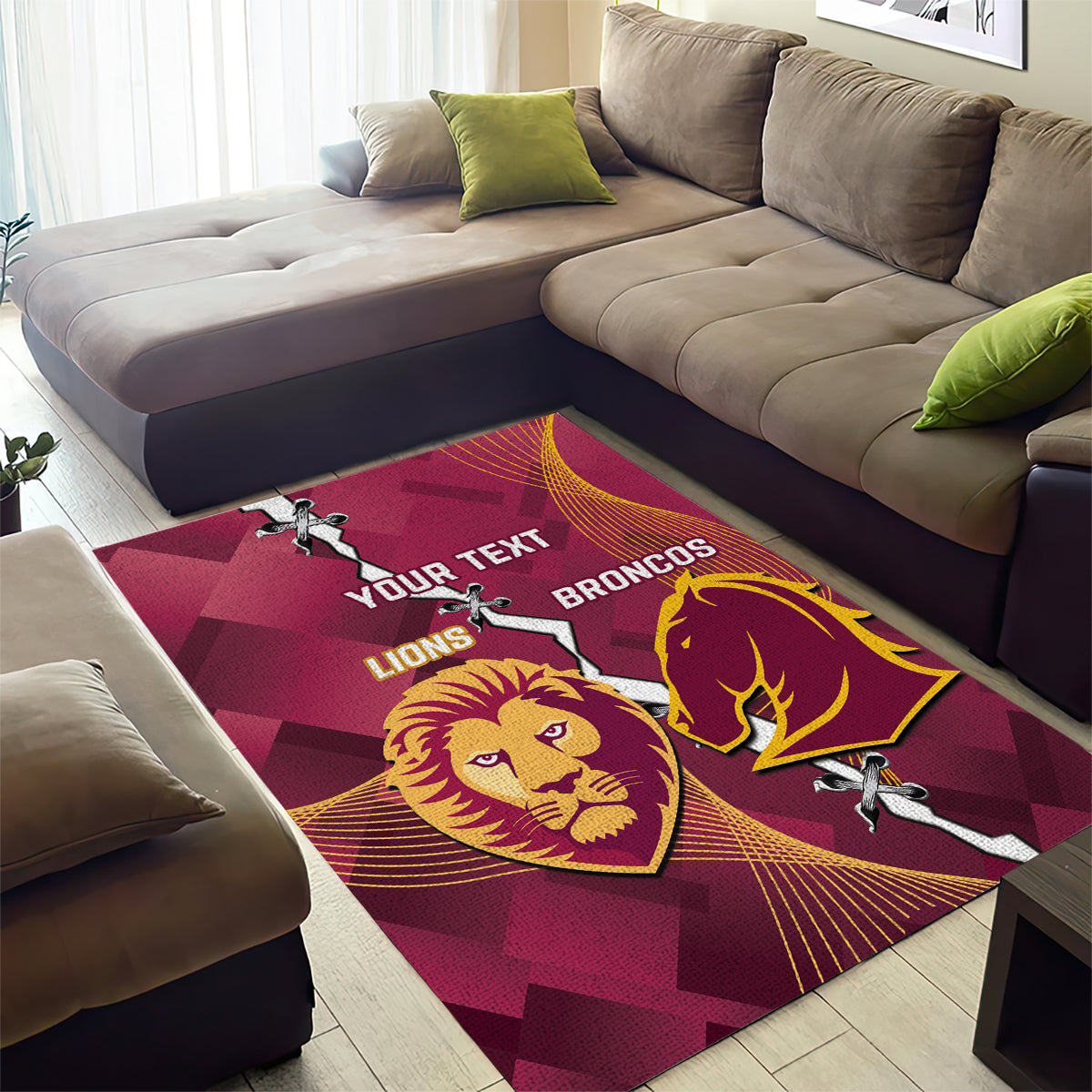 Personalised Lions Football And Broncos Rugby Area Rug Sporty Version - Vibe Hoodie Shop