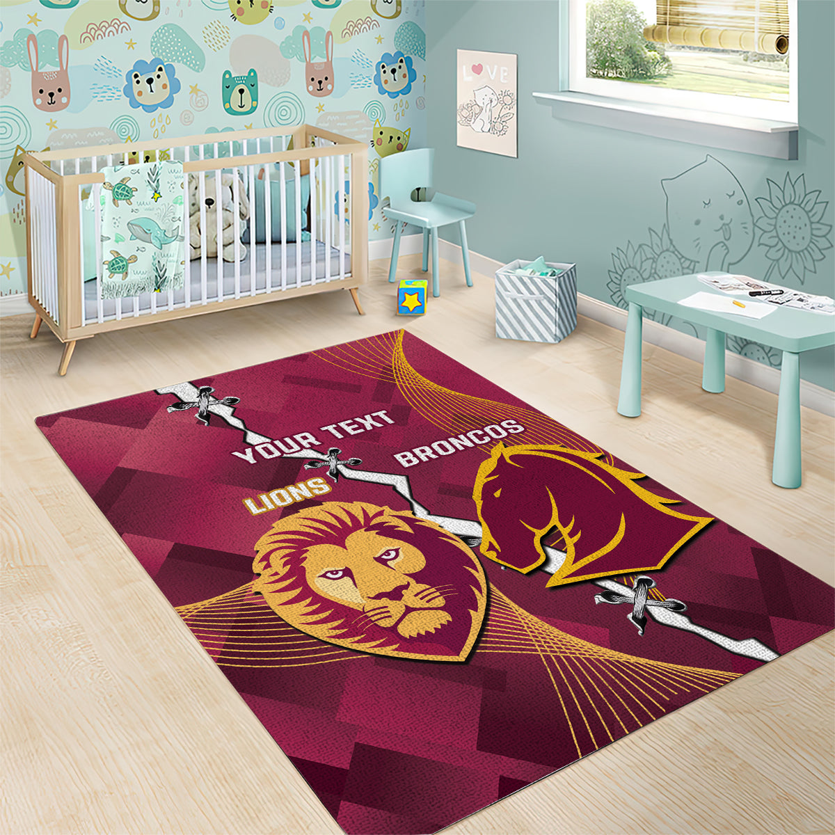 Personalised Lions Football And Broncos Rugby Area Rug Sporty Version - Vibe Hoodie Shop