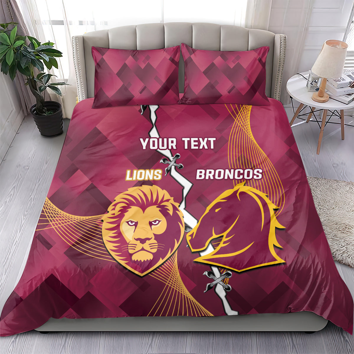 Personalised Lions Football And Broncos Rugby Bedding Set Sporty Version - Vibe Hoodie Shop