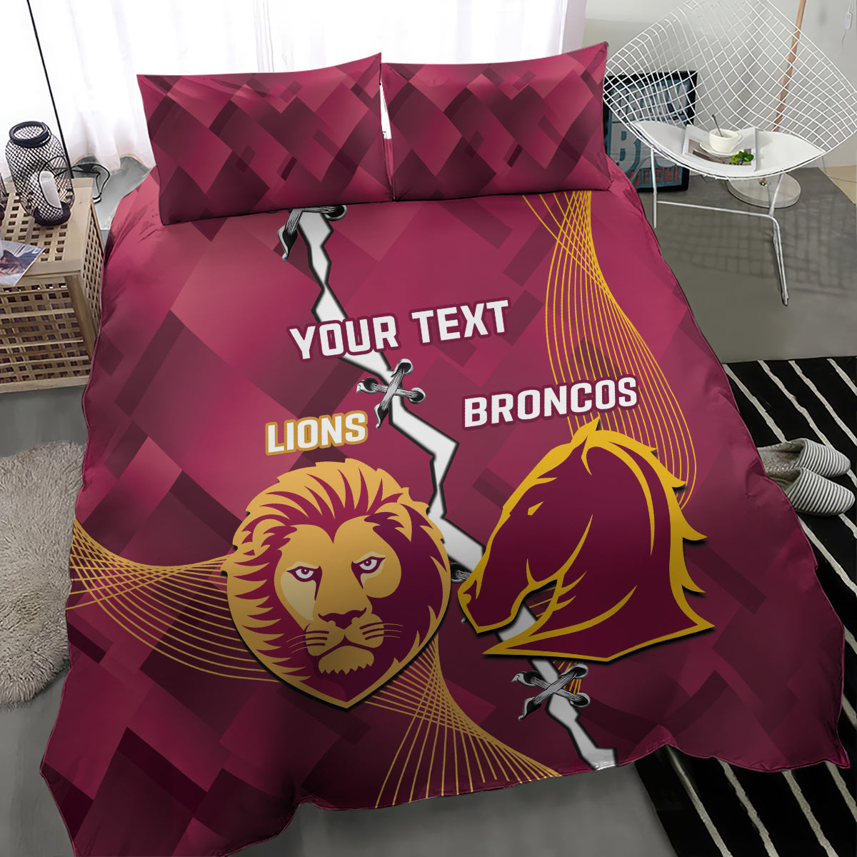 Personalised Lions Football And Broncos Rugby Bedding Set Sporty Version - Vibe Hoodie Shop