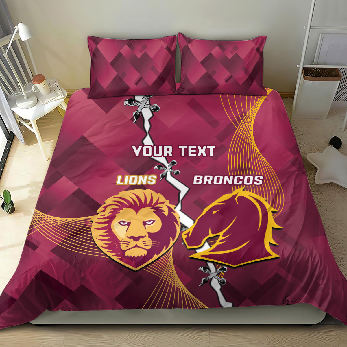 Personalised Lions Football And Broncos Rugby Bedding Set Sporty Version - Vibe Hoodie Shop