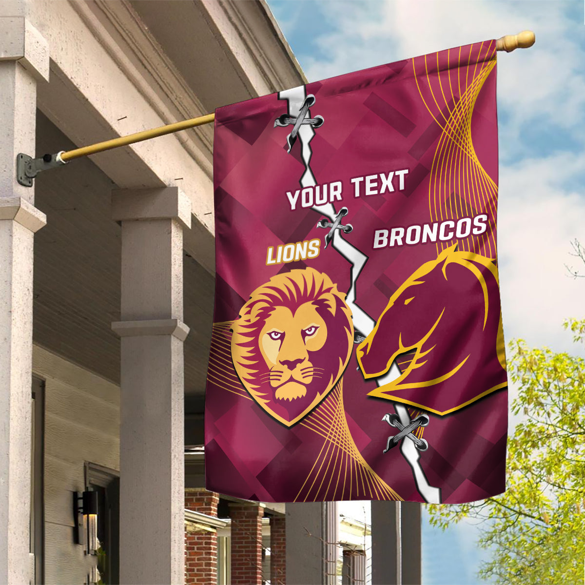 Personalised Lions Football And Broncos Rugby Garden Flag Sporty Version - Vibe Hoodie Shop