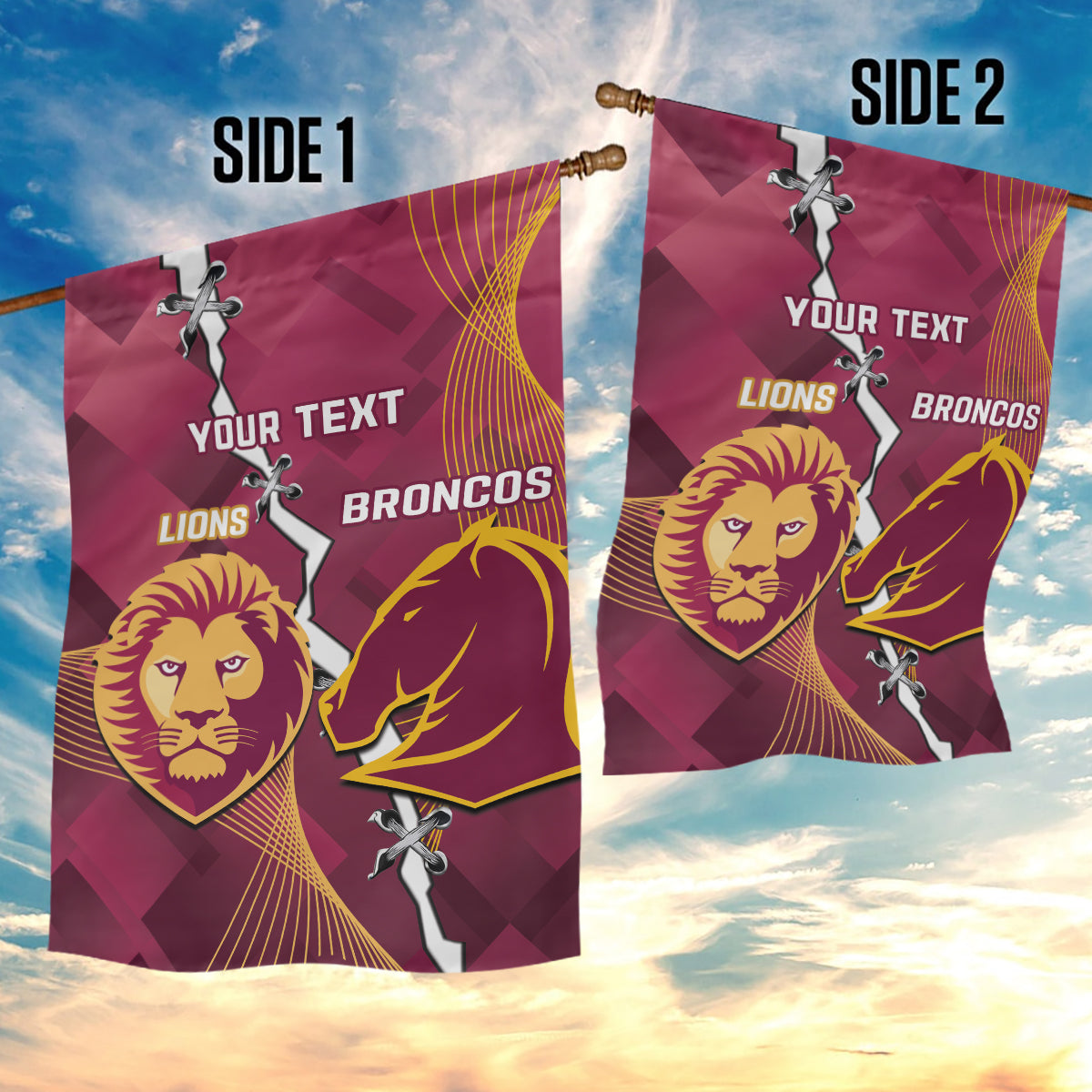 Personalised Lions Football And Broncos Rugby Garden Flag Sporty Version - Vibe Hoodie Shop