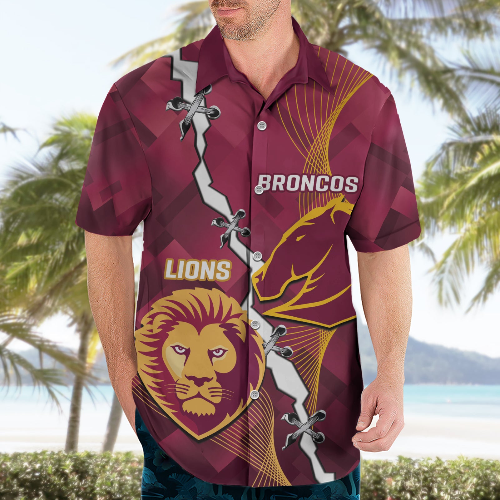 Personalised Lions Football And Broncos Rugby Hawaiian Shirt Sporty Version - Vibe Hoodie Shop