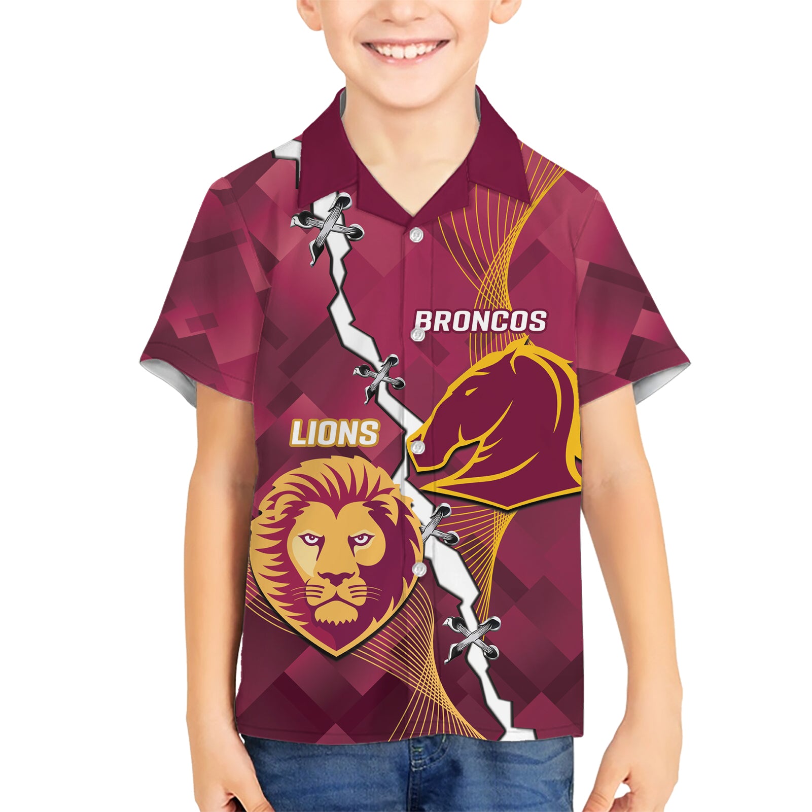 Personalised Lions Football And Broncos Rugby Hawaiian Shirt Sporty Version - Vibe Hoodie Shop