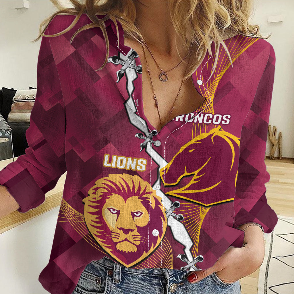 Personalised Lions Football And Broncos Rugby Women Casual Shirt Sporty Version - Vibe Hoodie Shop