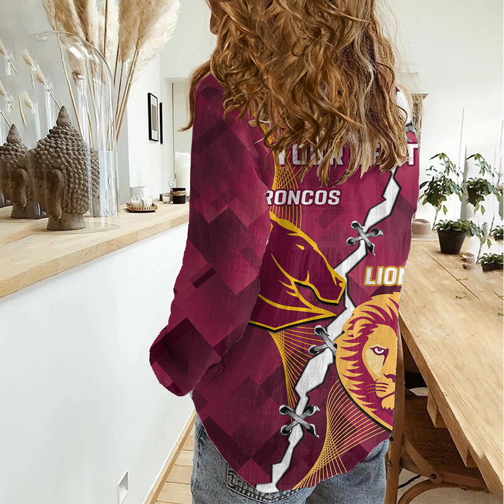 Personalised Lions Football And Broncos Rugby Women Casual Shirt Sporty Version - Vibe Hoodie Shop