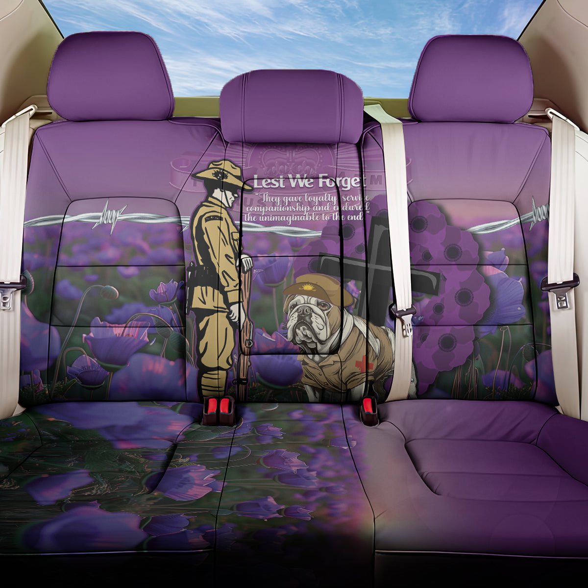 Australia Dog Heroes ANZAC Back Car Seat Cover Remembering All Animals In War Purple Poppies