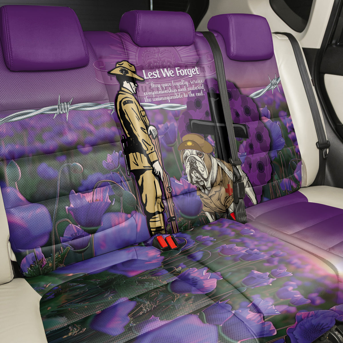 Australia Dog Heroes ANZAC Back Car Seat Cover Remembering All Animals In War Purple Poppies