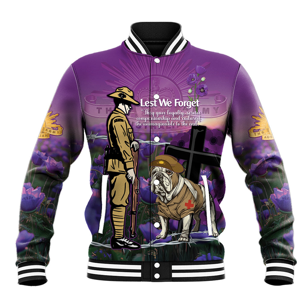 Australia Dog Heroes ANZAC Baseball Jacket Remembering All Animals In War Purple Poppies - Vibe Hoodie Shop