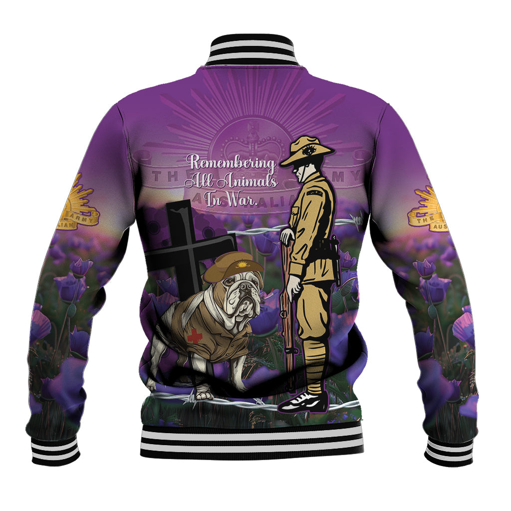 Australia Dog Heroes ANZAC Baseball Jacket Remembering All Animals In War Purple Poppies - Vibe Hoodie Shop