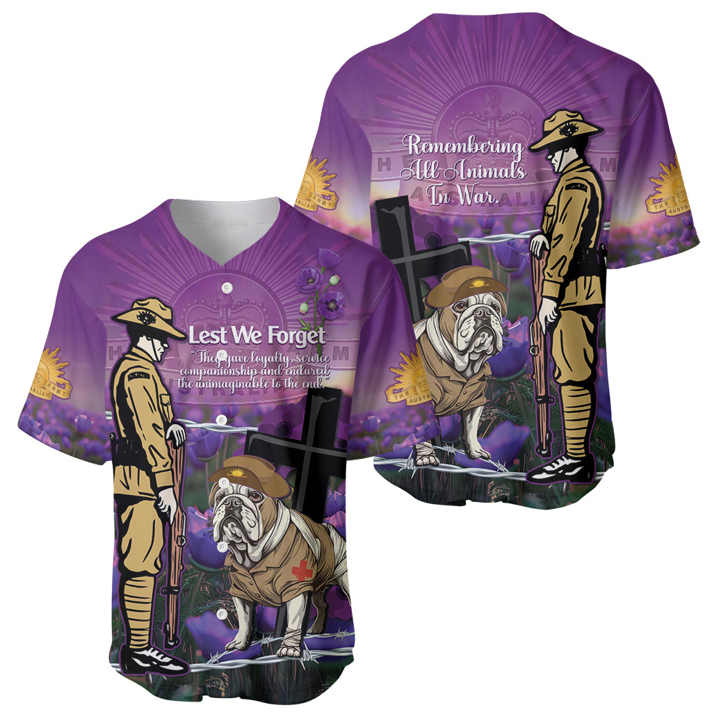 Australia Dog Heroes ANZAC Baseball Jersey Remembering All Animals In War Purple Poppies - Vibe Hoodie Shop