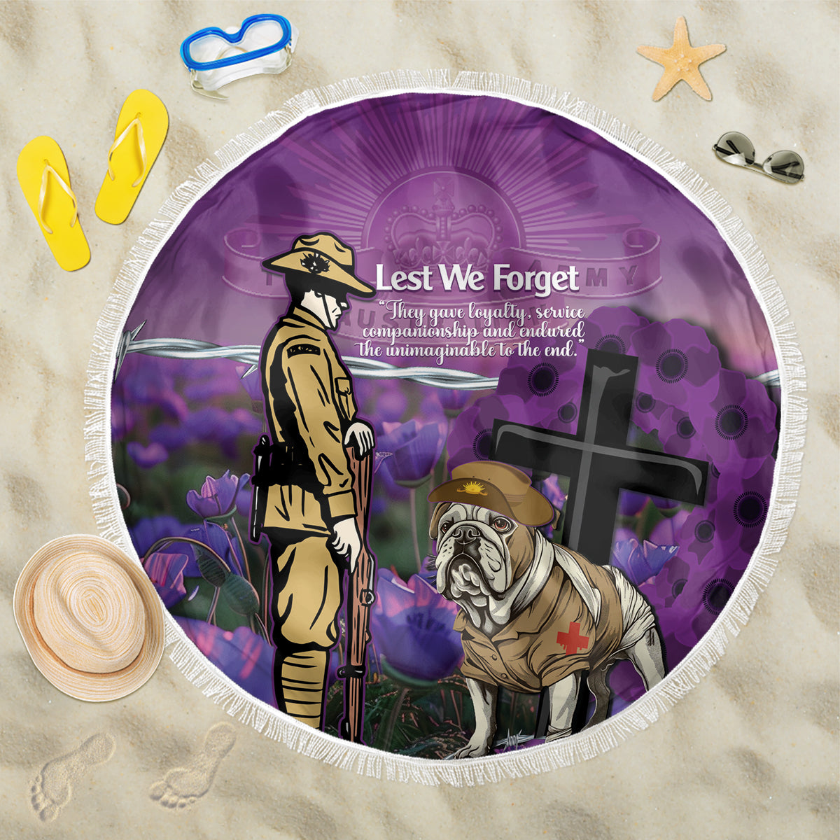 Australia Dog Heroes ANZAC Beach Blanket Remembering All Animals In War Purple Poppies