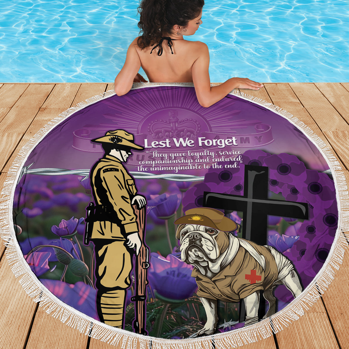 Australia Dog Heroes ANZAC Beach Blanket Remembering All Animals In War Purple Poppies
