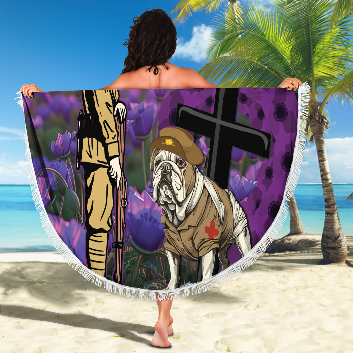 Australia Dog Heroes ANZAC Beach Blanket Remembering All Animals In War Purple Poppies