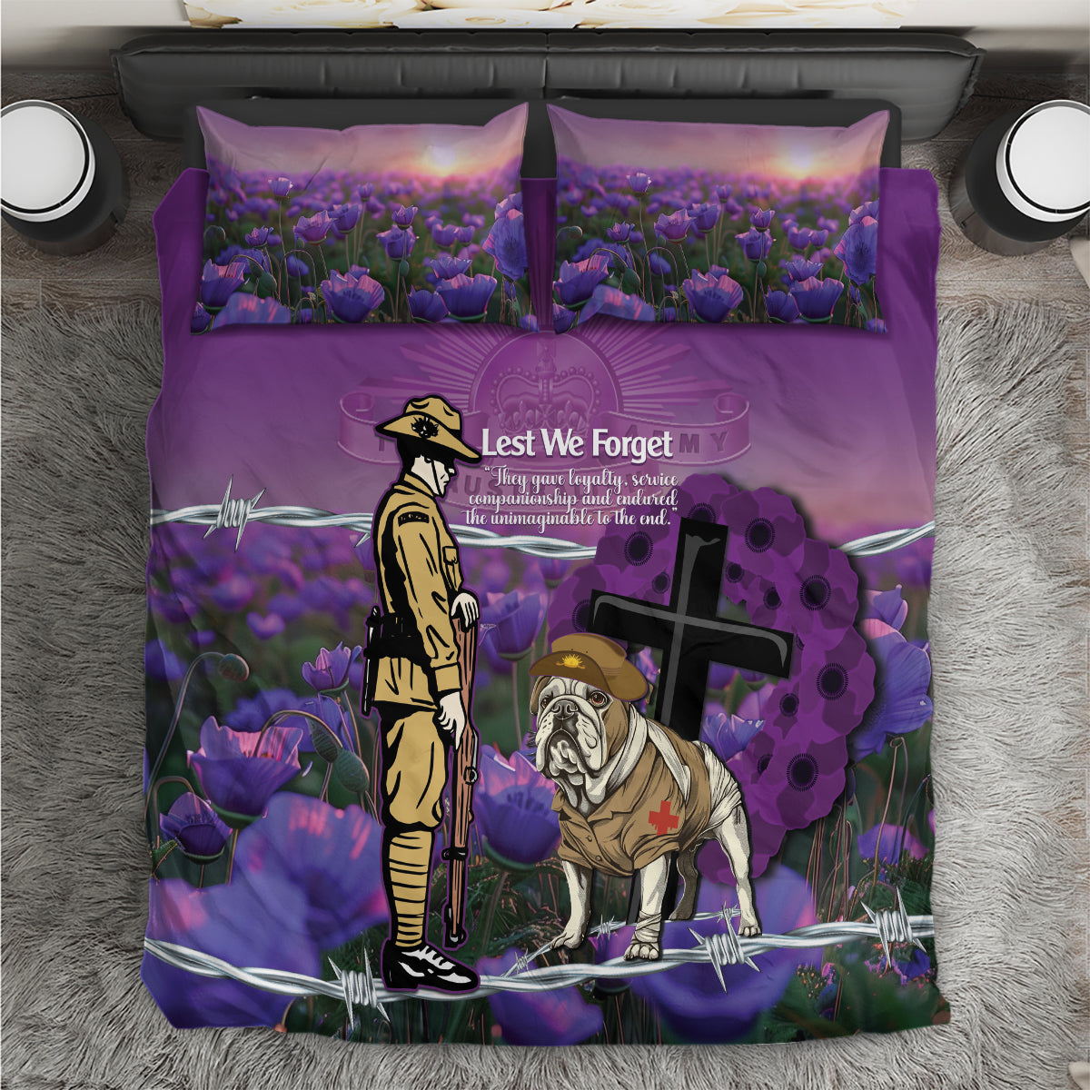 Australia Dog Heroes ANZAC Bedding Set Remembering All Animals In War Purple Poppies - Vibe Hoodie Shop