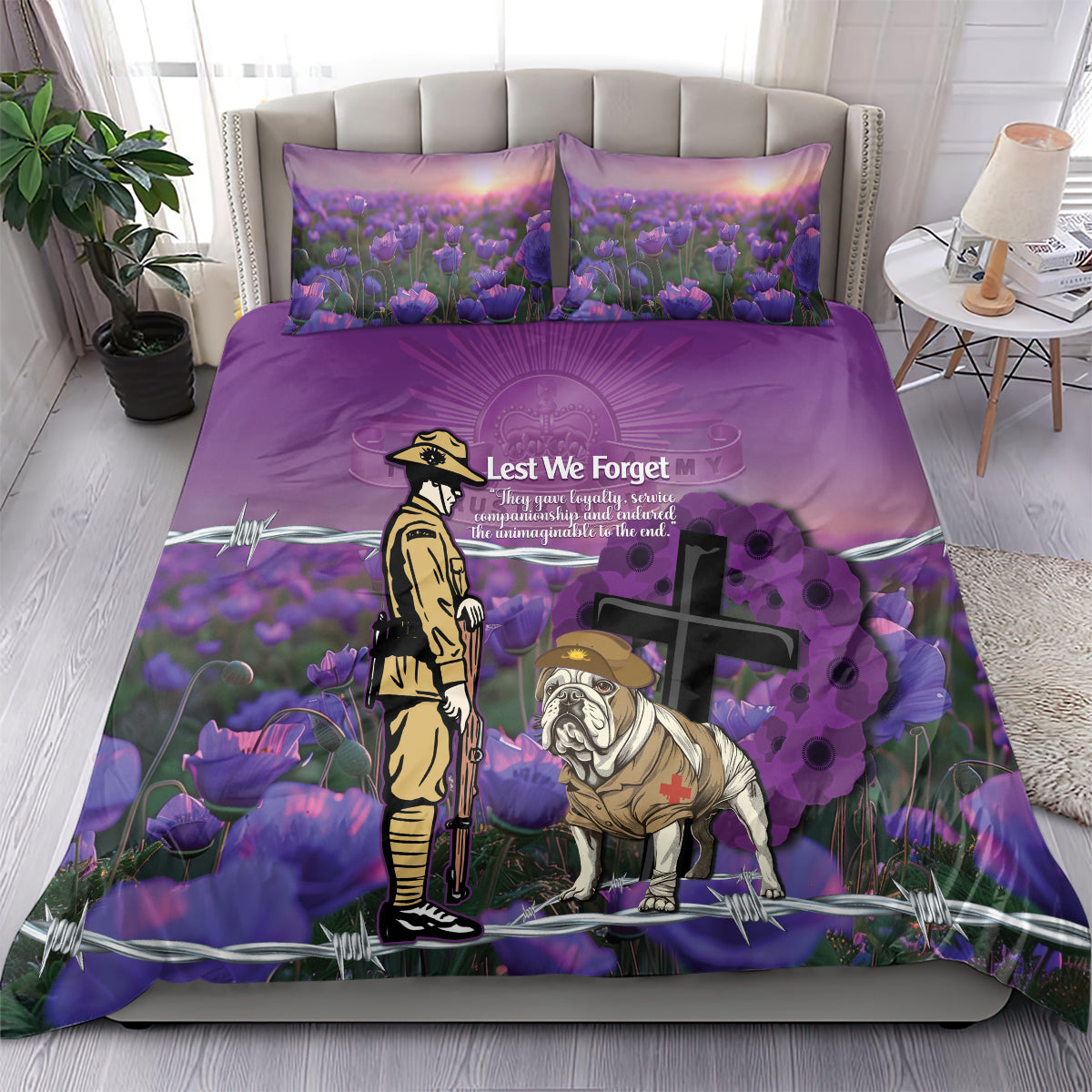 Australia Dog Heroes ANZAC Bedding Set Remembering All Animals In War Purple Poppies - Vibe Hoodie Shop