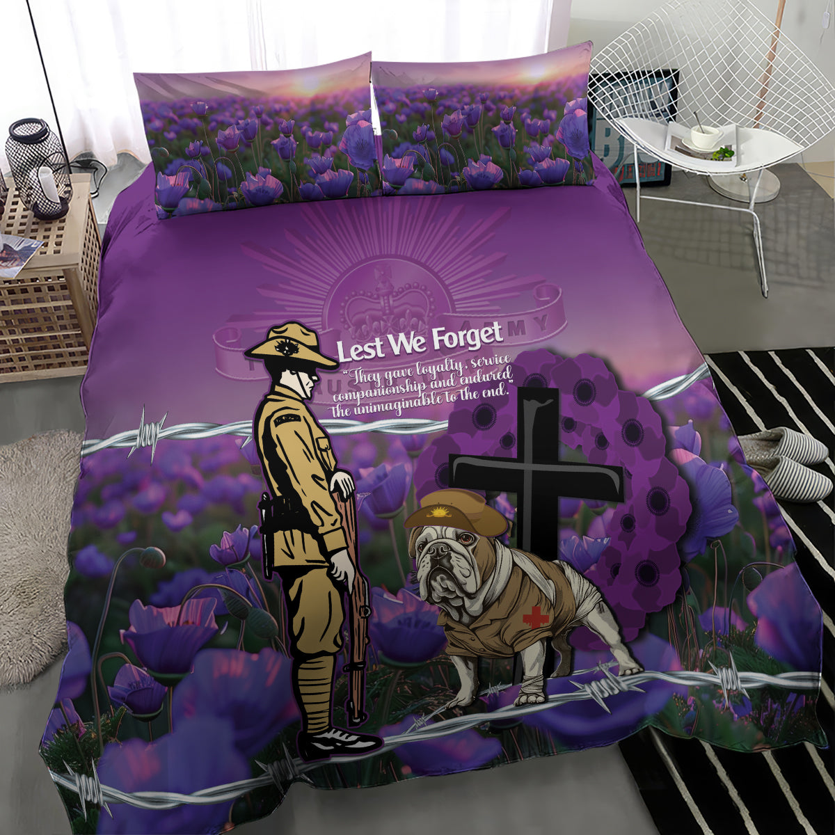 Australia Dog Heroes ANZAC Bedding Set Remembering All Animals In War Purple Poppies - Vibe Hoodie Shop