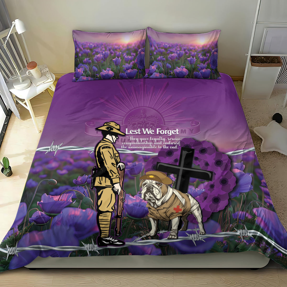 Australia Dog Heroes ANZAC Bedding Set Remembering All Animals In War Purple Poppies - Vibe Hoodie Shop