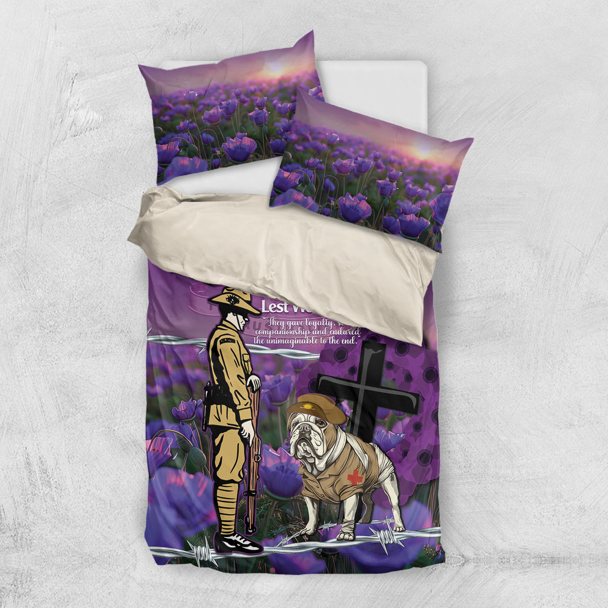 Australia Dog Heroes ANZAC Bedding Set Remembering All Animals In War Purple Poppies - Vibe Hoodie Shop