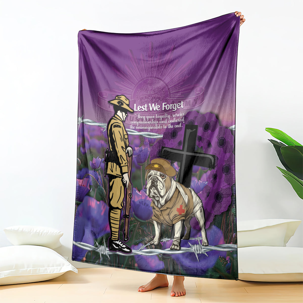 Australia Dog Heroes ANZAC Blanket Remembering All Animals In War Purple Poppies - Vibe Hoodie Shop