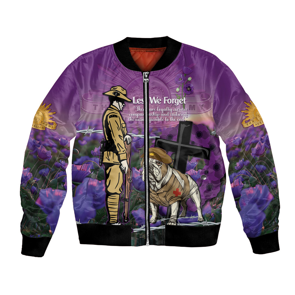 Australia Dog Heroes ANZAC Bomber Jacket Remembering All Animals In War Purple Poppies - Vibe Hoodie Shop