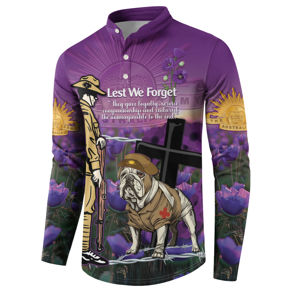Australia Dog Heroes ANZAC Button Sweatshirt Remembering All Animals In War Purple Poppies